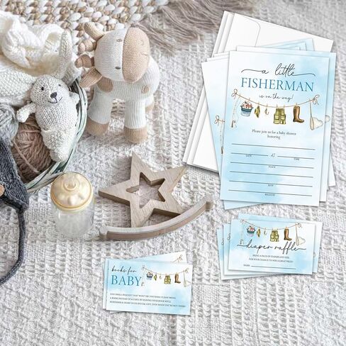 Fishing Baby Shower Invitations, Fisherman Baby Shower Invites for Boy Girl, Diaper Raffle Tickets & Book Request Card, 25 Set With Envelopes, Party Supplies - BSinvite 14 in Kuwait