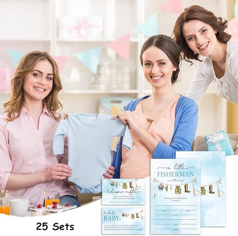 Fishing Baby Shower Invitations, Fisherman Baby Shower Invites for Boy Girl, Diaper Raffle Tickets & Book Request Card, 25 Set With Envelopes, Party Supplies - BSinvite 14 in Kuwait