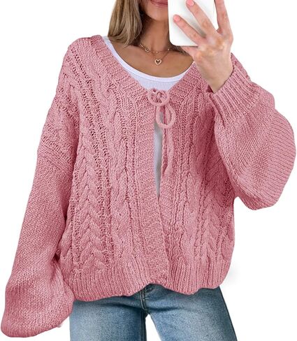 Saodimallsu Womens Tie Front Cardigan Sweaters Cable Knit V Neck Lantern Long Sleeve Casual Loose Sweater Coats in Saudi Arabia