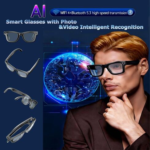 نظارات ذكية مع كاميرا، نظارات ذكية بدقة 8 ميجابكسل HD AI، نظارات تسجيل فيديو بدقة 1080 بكسل مع مساعد صوتي، ترجمة في الوقت الحقيقي، مساعد صوتي، صوت مفتوح الأذن للسفر والاجتماعات ومدونات الفيديو in Kuwait