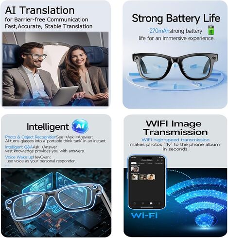 نظارات ذكية مع كاميرا، نظارات ذكية بدقة 8 ميجابكسل HD AI، نظارات تسجيل فيديو بدقة 1080 بكسل مع مساعد صوتي، ترجمة في الوقت الحقيقي، مساعد صوتي، صوت مفتوح الأذن للسفر والاجتماعات ومدونات الفيديو in Kuwait