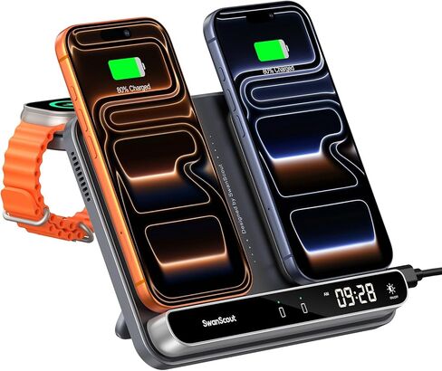Dual Phone Charger, Wireless Charger for iPhone 17/16/15/14/13/12 Series, for Apple Watch 11/10/9/8/7/Ultra 3/SE 3, for AirPods 4/Pro 3/Pro 2, SwanScout 710A in Kuwait