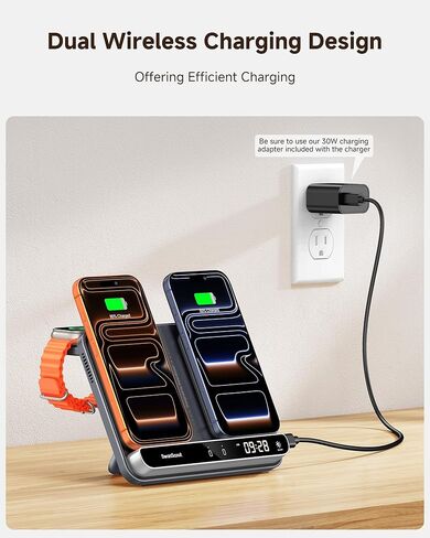 Dual Phone Charger, Wireless Charger for iPhone 17/16/15/14/13/12 Series, for Apple Watch 11/10/9/8/7/Ultra 3/SE 3, for AirPods 4/Pro 3/Pro 2, SwanScout 710A in Kuwait