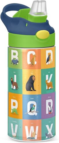 Kigai Animals Alphabet Kids Water Bottle with Straw Lid, BPA Free, 12oz Stainless Steel Vacuum Insulated Leakproof Flask Kids Thermos for Toddlers, School, Office in Saudi Arabia
