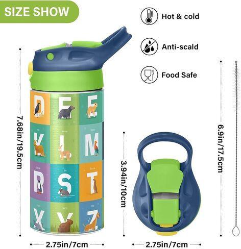 Kigai Animals Alphabet Kids Water Bottle with Straw Lid, BPA Free, 12oz Stainless Steel Vacuum Insulated Leakproof Flask Kids Thermos for Toddlers, School, Office in Saudi Arabia