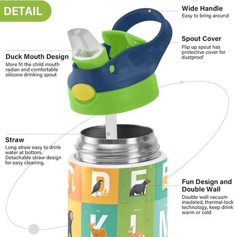 Kigai Animals Alphabet Kids Water Bottle with Straw Lid, BPA Free, 12oz Stainless Steel Vacuum Insulated Leakproof Flask Kids Thermos for Toddlers, School, Office in Saudi Arabia