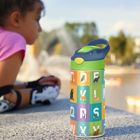 Kigai Animals Alphabet Kids Water Bottle with Straw Lid, BPA Free, 12oz Stainless Steel Vacuum Insulated Leakproof Flask Kids Thermos for Toddlers, School, Office in Saudi Arabia