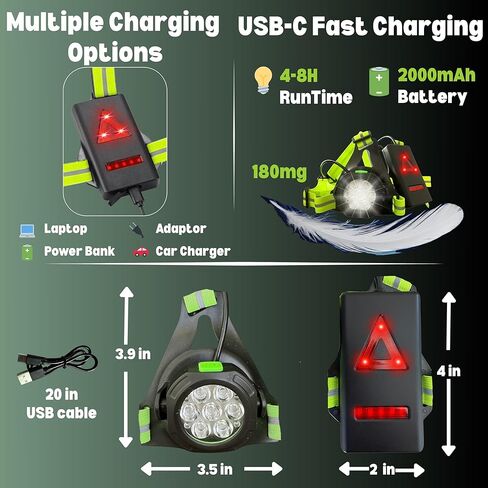 Running Lights for Runners 800 Lumens High Visibility Chest torch for running with Rear Light 120° Adjustable Beam Angle 7LEDs 360° Reflective Vest Dust Waterproof Night Walking Valentine’s Day Gift in Saudi Arabia