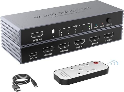 HDMI Switch 5 in 1 Out, 8K@60Hz 4K@240Hz HDMI 2.1 Splitter, 48Gbps Ultra HDMI Switcher with Remote, Supports 3D/HDR10+/HDCP2.3, Compatible with PS5/4 Xbox Nintendo Switch Apple TV Roku Fire Stick in Saudi Arabia