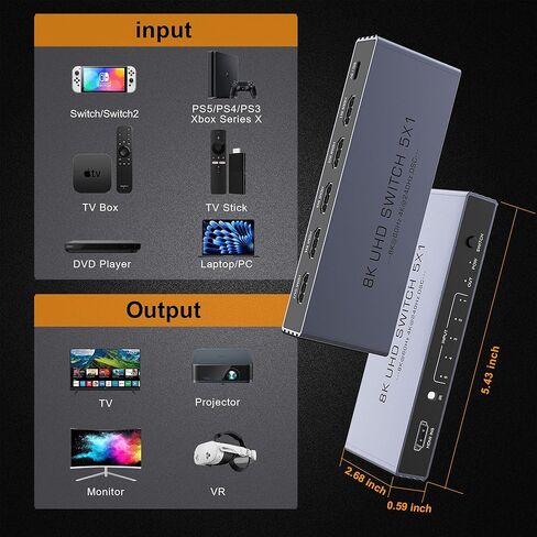 HDMI Switch 5 in 1 Out, 8K@60Hz 4K@240Hz HDMI 2.1 Splitter, 48Gbps Ultra HDMI Switcher with Remote, Supports 3D/HDR10+/HDCP2.3, Compatible with PS5/4 Xbox Nintendo Switch Apple TV Roku Fire Stick in Saudi Arabia