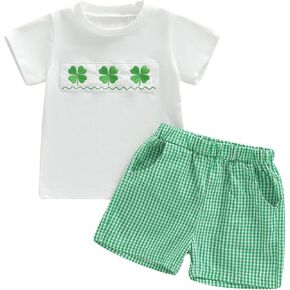 Toddler Baby Boy St Patrick's Day Outfit Four-Leaf Clover Embroidery Smocked Short Sleeve T Shirt Plaid Shorts Set in Kuwait