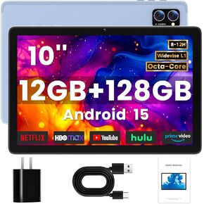 10 Inch Android Tablet 2026, Android 15 Tablets, 12GB RAM 128GB ROM (512GB TF), Quad-Core Processor, 1280x800 HD IPS Screen, Bluetooth, WiFi Tablet for Adults/Seniors, Grey in Kuwait