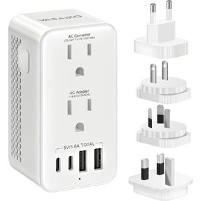 محول الجهد الكهربي من الولايات المتحدة إلى أوروبا، محول الجهد الكهربي للسفر للتنحي من 220 فولت إلى 120 فولت، محول الطاقة مع منفذي USB-A 2 USB-C ومحولات قابس السفر في المملكة المتحدة/الاتحاد الأفريقي/الولايات المتحدة/تكنولوجيا المعلومات/الأوروبية in Kuwait