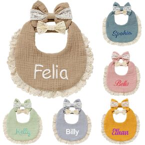 Personalized Muslin Baby Bibs Set with Name,Custom Soft Cotton Drool Bibs for Baby Girl,Teething Drooling Adjustable Bib for Newborn Toddler,Cute Bibs&Bows Gifts for Baby Shower, Birthday, Christmas in Saudi Arabia