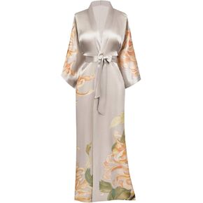 Washable Silk Peony & Butterfly Long Kimono Robe in Saudi Arabia