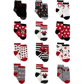 Disney Baby Girls Socks - 12 Pack Soft Newborn Baby Socks Character Prints - Cute Newborn and Infant Socks, 0-24M, Size 12-24 Months, Minnie Mouse Black/Red in Saudi Arabia