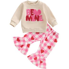 Toddler Baby Girl Valentines Day Outfit Embroidery Long Sleeve Sweatshirt Top Flared Pants Set Bell Bottom Outfits in Saudi Arabia