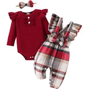 ​Baby Girls 3-Piece Boutique Set, Long Sleeve Ruffle Romper with Fuzzy Plaid Overalls and Matching Headband​ in Saudi Arabia