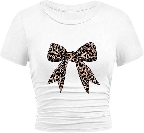 Girls Crop Tops Short Sleeve Ruched Sides Slim Fit Bow Cheery Graphic Tees Cute Summer Shirts in Saudi Arabia