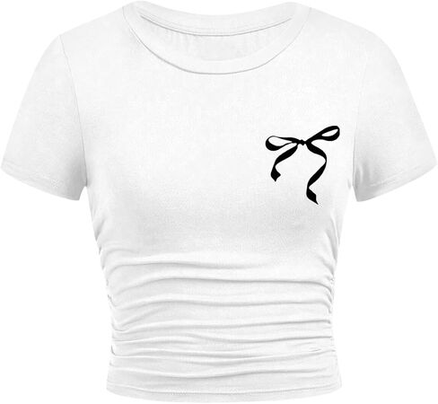 Girls Crop Tops Short Sleeve Ruched Sides Slim Fit Bow Cheery Graphic Tees Cute Summer Shirts in Saudi Arabia