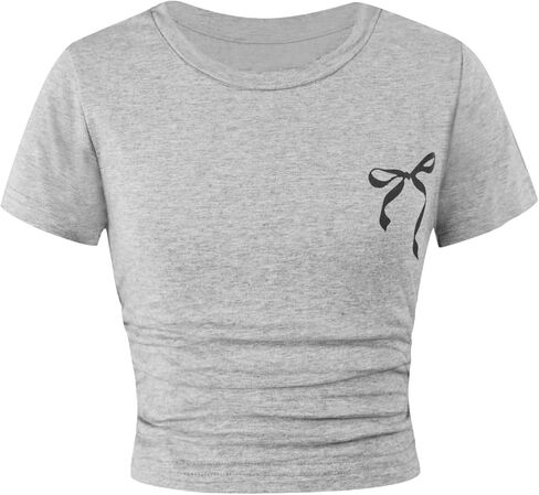 Girls Crop Tops Short Sleeve Ruched Sides Slim Fit Bow Cheery Graphic Tees Cute Summer Shirts in Saudi Arabia