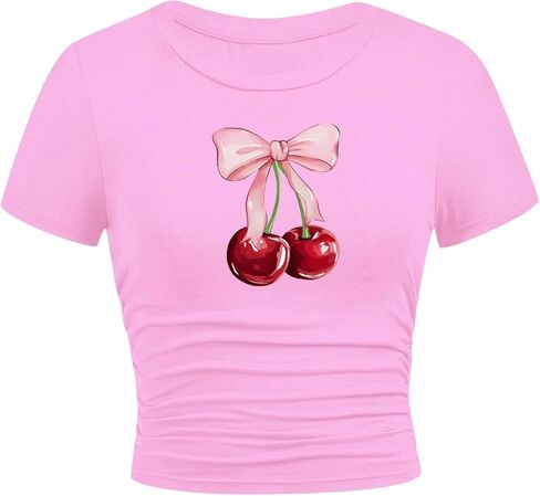 Girls Crop Tops Short Sleeve Ruched Sides Slim Fit Bow Cheery Graphic Tees Cute Summer Shirts in Saudi Arabia