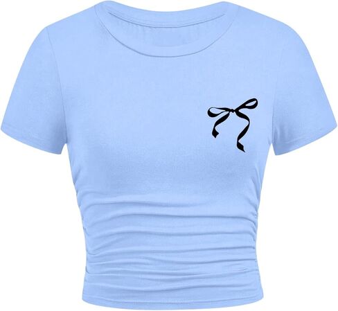 Girls Crop Tops Short Sleeve Ruched Sides Slim Fit Bow Cheery Graphic Tees Cute Summer Shirts in Saudi Arabia