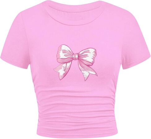 Girls Crop Tops Short Sleeve Ruched Sides Slim Fit Bow Cheery Graphic Tees Cute Summer Shirts in Saudi Arabia