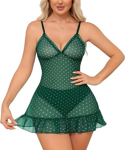 Women's Sexy Mesh Sheer Lingerie Babydoll Dress Chemise Sleepwear Polka Dots Print Nightgown with Thong in Saudi Arabia