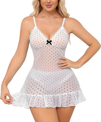 Women's Sexy Mesh Sheer Lingerie Babydoll Dress Chemise Sleepwear Polka Dots Print Nightgown with Thong in Saudi Arabia