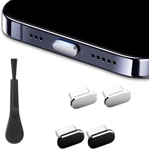 4Pcs Silver USB C Dust Plug with 1Pc Cleaning Brush, Metal TypeC Charging Port Cover, Anti Dust USB-C Plug Cover Charging Port Cover Caps Phone Type-C Port Protectors Compatible with All USB C Devices in Saudi Arabia