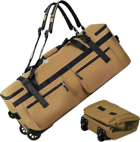 حقيبة من القماش الخشن المتدحرج سعة 110 لتر مع عجلات، واق من المطر للسفر متين وقابل للطي، و4 خيارات للحمل (كتف واحد، كتف مزدوج، حمل يدوي، شد) (بني) in Kuwait