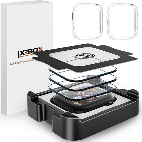 واقيات شاشة IXBBOX® مكونة من 3 قطع + حافظات مكونة من عبوتين متوافقة مع Apple Watch Series 7/8/9 مقاس 45 مم، زجاج مقسى من الدرجة العسكرية، تغطية كاملة ثلاثية الأبعاد، مقاومة للخدش والكسر، تركيب خالٍ من الفقاعات، مقاوم للماء وبدون تبييض الحواف in Saudi Arabia