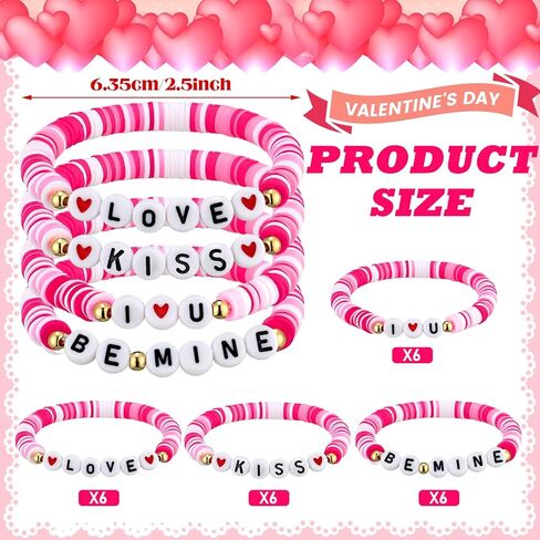 24 Pcs Valentine's Day Bracelet Bulk Heart Polymer Clay Beaded Stretch Valentines Bracelets for Women Galentines Party Favor in Kuwait