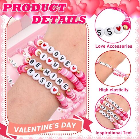 24 Pcs Valentine's Day Bracelet Bulk Heart Polymer Clay Beaded Stretch Valentines Bracelets for Women Galentines Party Favor in Kuwait