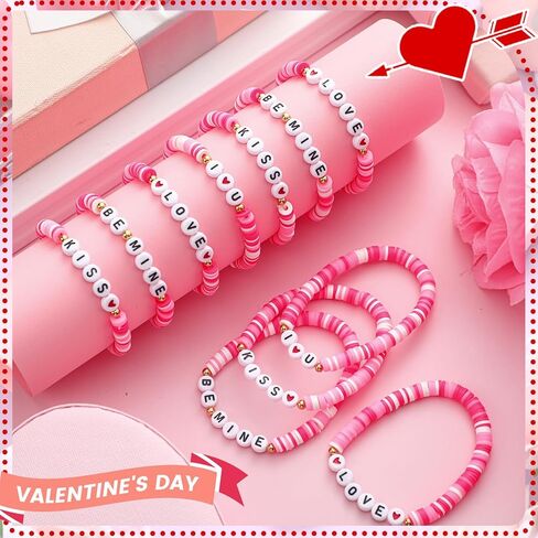 24 Pcs Valentine's Day Bracelet Bulk Heart Polymer Clay Beaded Stretch Valentines Bracelets for Women Galentines Party Favor in Kuwait