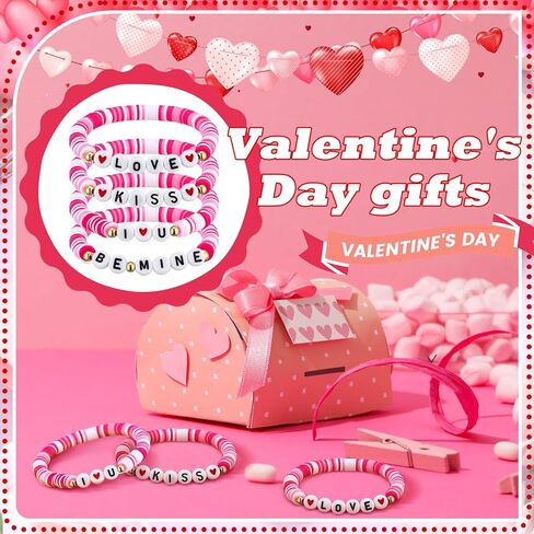 24 Pcs Valentine's Day Bracelet Bulk Heart Polymer Clay Beaded Stretch Valentines Bracelets for Women Galentines Party Favor in Kuwait