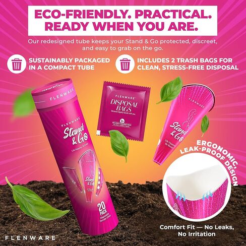 Stand & Go Disposable Female Urinals, 20 Pack | Travel Tube + 2 Discreet Trash Bags | Ideal for Travel, Festivals, Road Trips & Emergencies in Saudi Arabia