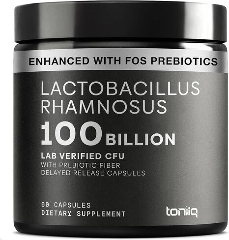 Toniiq Lactobacillus Rhamnosus - قوة فائقة 100B CFU مع Prebiotic FOS - كبسولات متأخرة الإطلاق - تم اختبارها في معمل طرف ثالث - 60 كبسولة in Kuwait