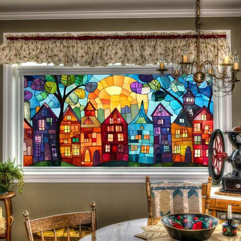 Window Film 39.3x17.7 Inches Stained Glass Style Mountain Lake Scene Decoration for Home Office Glass Decor Seasonal Decor Decorative Window Film Indoor Decoration in Saudi Arabia