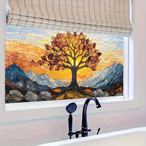 Window Film 39.3x17.7 Inches Stained Glass Style Mountain Lake Scene Decoration for Home Office Glass Decor Seasonal Decor Decorative Window Film Indoor Decoration in Saudi Arabia