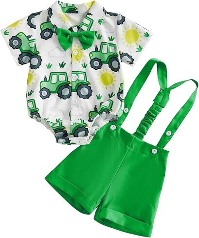 Infant Baby Boy Outfits Dress Clothes Bowtie Tractor Romper Shirts Suspender Shorts Overalls Set Summer Suit in Saudi Arabia