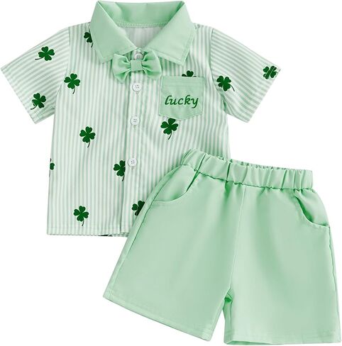 Adobabirl Baby Boy Valentines Day Gentleman Outfit Love Heart Short Sleeve Button Shirt and Shorts Toddler Summer Clothes in Saudi Arabia