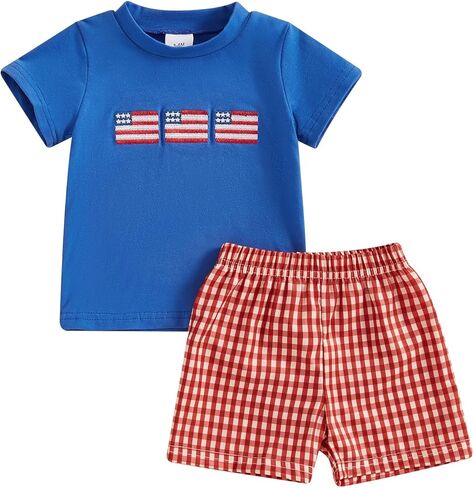 SAYOO 4th Of July Baby Boy Outfit Short Sleeve Embroidery Flag T-shirt Plaid Shorts Toddler Independence Day Summer Clothes in Saudi Arabia