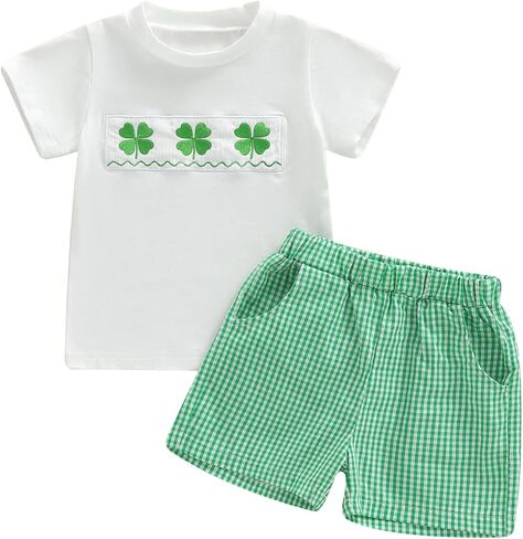 Toddler Baby Boy St Patrick's Day Outfit Four-Leaf Clover Embroidery Smocked Short Sleeve T Shirt Plaid Shorts Set in Saudi Arabia
