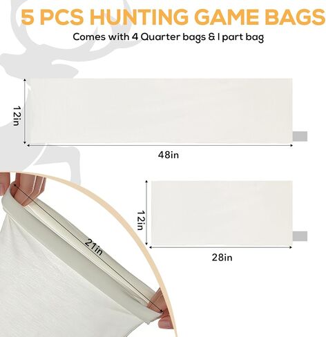 أكياس ألعاب إلك للصيد، 5 أكياس ربع متينة للحوم - 4 عبوات 12 بوصة × 48 بوصة وحزمة 12 بوصة × 28 بوصة، أكياس اللحوم لصيد الأيائل والوعل والغزلان والفرائس الأخرى، قابلة للتنفس وقابلة لإعادة الاستخدام in Kuwait