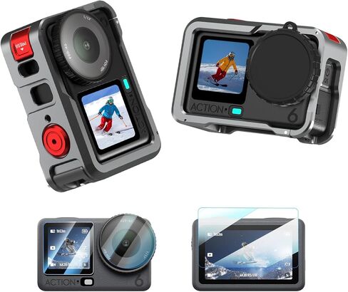 BRDRC Action 6 Camera Cage + Screen Protector Accessories Kit, Aluminum Alloy Protective Frame Cage with Silicone Lens Cap Tempered Glass Lens Film for DJI Osmo Action 6 Protective Bundle in Saudi Arabia