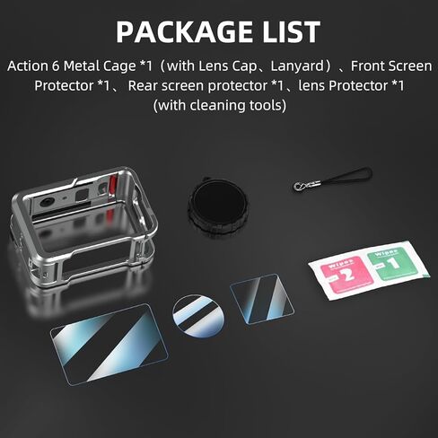 BRDRC Action 6 Camera Cage + Screen Protector Accessories Kit, Aluminum Alloy Protective Frame Cage with Silicone Lens Cap Tempered Glass Lens Film for DJI Osmo Action 6 Protective Bundle in Saudi Arabia