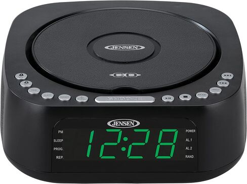 Jensen Modern Home Audio CD Player منضدية ستيريو مزدوج منبه راديو FM رقمي | مشغل أقراص CD/MP3/WMA ذو التحميل العلوي | منفذ شحن USB 2.1 أمبير | جاك سماعة الرأس | 0.9 عرض LED الأخضر in Kuwait