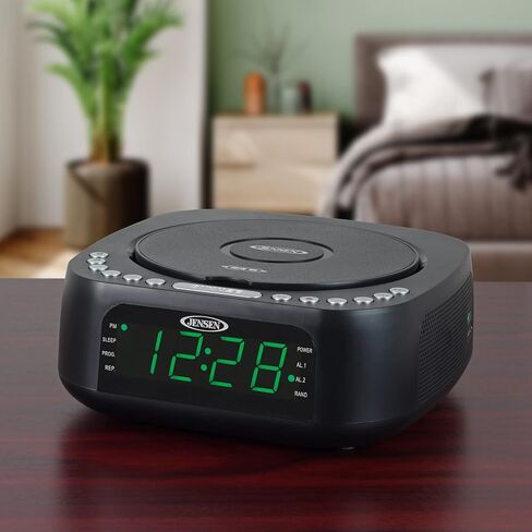 Jensen Modern Home Audio CD Player منضدية ستيريو مزدوج منبه راديو FM رقمي | مشغل أقراص CD/MP3/WMA ذو التحميل العلوي | منفذ شحن USB 2.1 أمبير | جاك سماعة الرأس | 0.9 عرض LED الأخضر in Kuwait